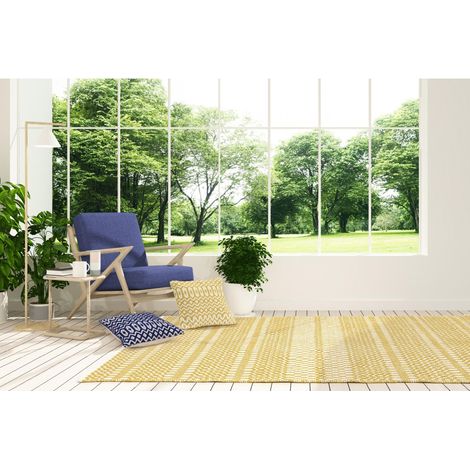 Halsey Hand Made Geometric Flatweave Kitchen Garden Indoor Outdoor Mustard Yellow Rug Floor Mat Large 160 x 230 cm (5'3"x7'7")
