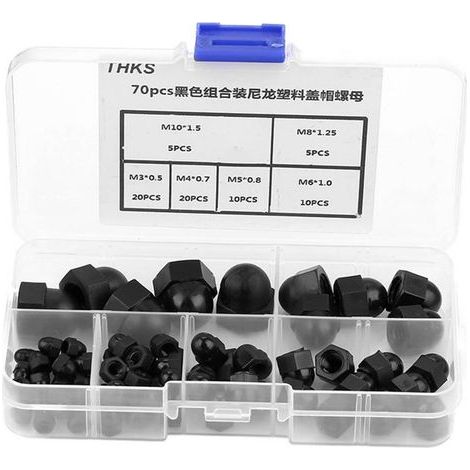 70 pièces Kit Écrous Bouchon Nylon M3 M4 M5 M6 M8 M10, Tête Dôme Hexagonale Noire (1/5)