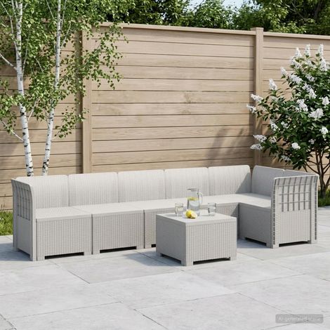 Salon de Jardin 6 Places Canapé Modulaire Aspect Rotin PP Blanc avec Table Basse - PANGIVO (1/5)