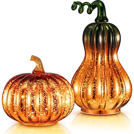 Lot de 2 Citrouilles Lumineuses en Verre, Décoration Automnale LED à Piles, Citrouilles Dorées pour Thanksgiving et Table (1/5)