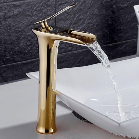 Grifos de baño en cascada dorados Grifos mezcladores en cascada Grifos para lavabo Grifo monomando para lavabo Agua fría y caliente disponible, alta (1/5)