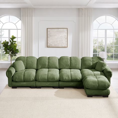 Divano angolare L a 4 posti, in tessuto chenille, divano modulare con pouf mobile, design trapuntato fine, morbido e sostenitivo, schienale ergonomico, facile da montare, verde (1/5)