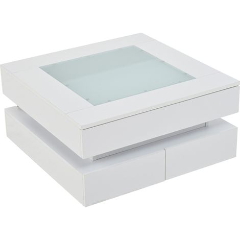Table basse carrée 70x70x35 cm avec plateau en verre trempé blanc, LED intégrées, 3 tiroirs (1/5)