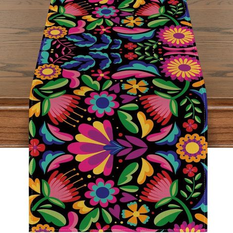 Chemin de table mexicain pour la Fête des Morts, motif floral et crânes, décoration d'Halloween pour salon et meuble TV - 30 x 180 cm (polyester) - WSJZQ-7