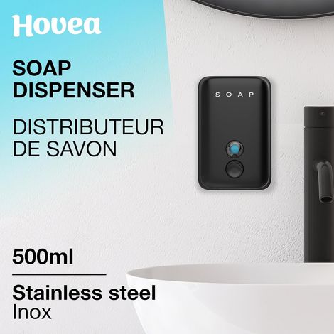 Distributeur de Savon Mural Noir 500 ML - Savon Liquide, Shampooing, Liquide Vaisselle - Métal Brossé Anti-Rouille - Distributeur Savon INOX Encastrable - Salle de Bain, Cuisine - SP501