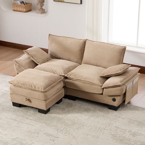 Modulares 2-Sitzer Cordsofa (mit Hocker) – breite Sitzfläche, ergonomisches Design, hochdichte Schaumstoffpolsterung, USB-C-Anschluss und Seitentaschen. Ideal für Wohnzimmer, Büro oder Lounge.Khaki