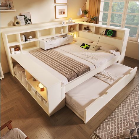 140x200 Bett mit Ausziehbett, Stauraum und USB-/Type-C-Anschlüssen, weiß OKMYHOME (1/5)