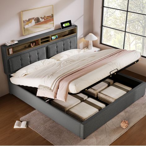 Bett mit Stauraum Leinen Grau 140x200 cm, inklusive Lattenrost, verstellbares Kopfteil mit USB und Steckdosen (1/5)