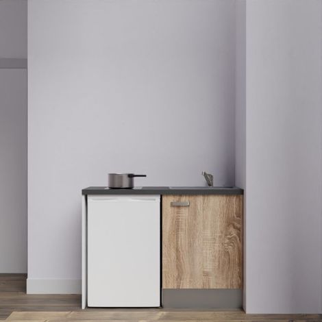 Kitchenette K08L-PT - 120 cm avec plan de travail et évier - emplacement frigo - Façade Bois - Plan Noir texturé - Evier Inox - Crédences Non
