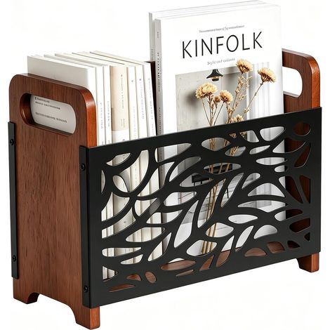 Porte-revues en bois avec poignée - 1 unité - Style rustique métal et bois - Rangement stable pour magazines - Bureau et maison - 33 x 24 x 13 cm Noir (1/5)