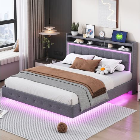MEUBLIV Lit double 160x200 cm rembourré avec prise USB, éclairage LED, rangement en tête de lit, pieds cachés, sommier à lattes, tissu gris (1/5)