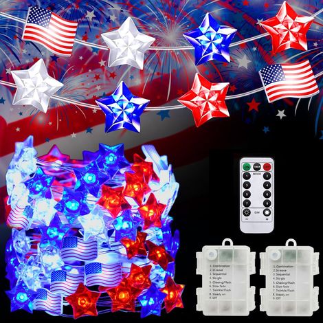 2 Pack Guirlande lumineuse 100 LED rouge blanc bleu, fil cuivre flexible, télécommande 8 modes, étanche intérieur extérieur, fête nationale (1/5)