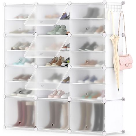GOPLUS Boîtes à Chaussures 12 Cubes pour 48 Paires de Chaussures avec Porte, Assemblage Facile, Boîtes Rangement Chaussuress, avec Marteau, Rangée de Crochets Latéraux pour Couloir, Entrée (Blanc) (1/5)