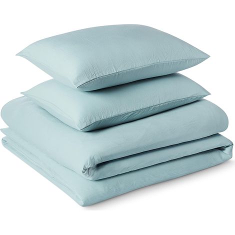 Parure de Lit 2 Personnes 3 Pièces en Microfibre Prélavée, Extra Douce avec Effet Froissé Naturel, Sans Repassage, Housse de Couette 240 x 220 cm et 2 Taies d'oreiller 50 x 80 cm, Bleu (1/5)