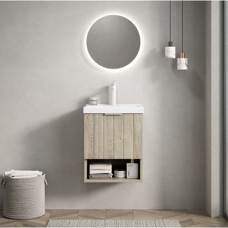 Meuble lave-mains suspendu avec vasque en céramique blanc cassé et blanc 42 cm, 2 portes et niche ouverte (1/5)