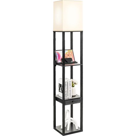 GOPLUS Lampadaire Salon avec 3 Étagères et Tiroir, Lampadaire Autoportant Moderne avec Luminosité Réglable et 1 Port USB pour Salon, Chambre, Bureau (1/5)