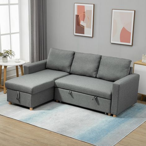 Canapé d'angle convertible canapé lit canapé 3 places modulable avec méridienne réversible, coffre de rangement intégré et 3 coussins de dossier, tissu aspect lin, gris (1/5)