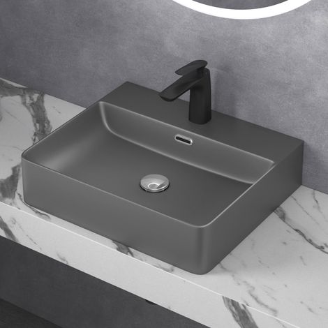 doporro Lavabo da Appoggio o Sospeso Lavandino Bagno Rettangolare con Foro per Rubinetto e Troppopieno 50 cm in Ceramica Antracite Opaco - Meissen201