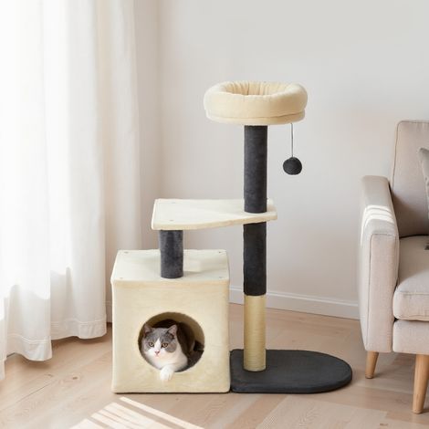 92 cm hoher Katzenkratzbaum mit Katzenhaus, oberem Bett, Sisalstämmen und Ball, für ausgewachsene Katzen und Kätzchen, Cremeweiß
