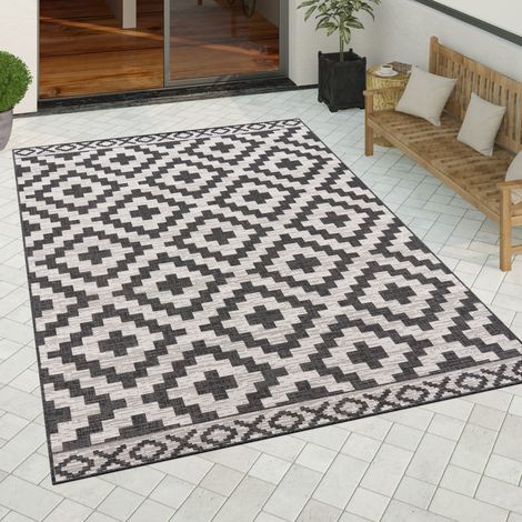Paco Home Outdoor Teppich wetterfest Boho Skandi Motiv Rauten robust Balkon Terrasse Küche 60x100 cm, Schwarz