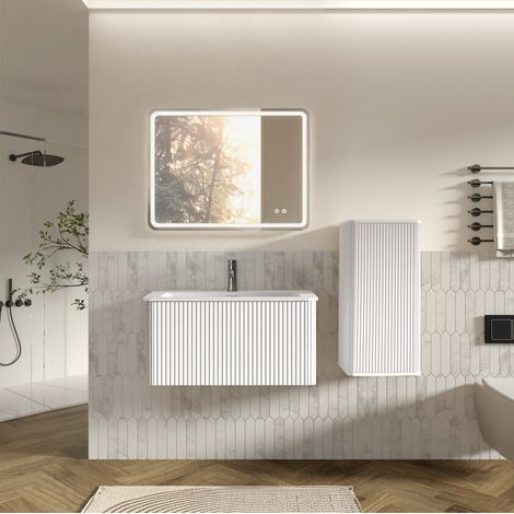 Conjunto de muebles de baño con lavabo, espejo LED y armario lateral, blanco (1/5)