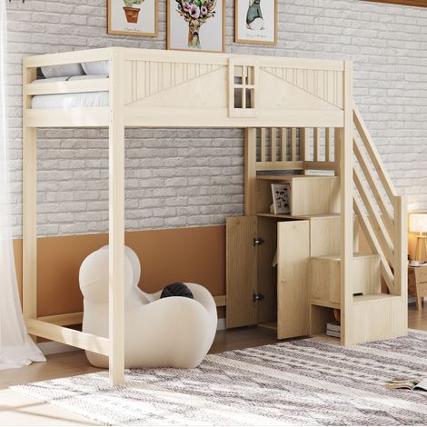 Kinder-Hochbett 90x200 cm aus Holz mit Stauraum, für kleine Räume, ohne Matratze – MEUBLIV (1/5)