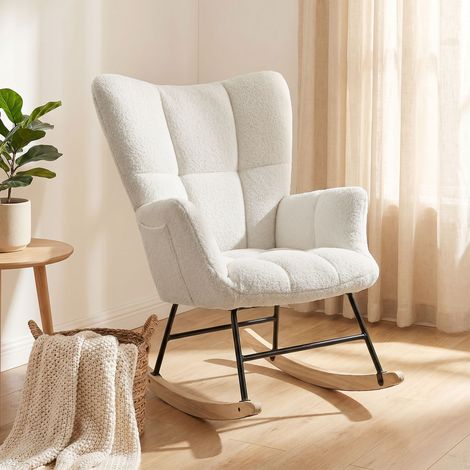 Fauteuil à Bascule, Rocking Chair en Peluche Teddy, Poches Latérales, Dossier à Oreilles Capitonné, Crème (1/5)