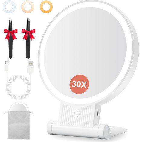 Miroir Grossissant Lumineux LED 30X/1X Rechargeable, Blanc Pur Miroir maquillage LED, 3 couleurs, luminosité réglable, rotation 360°, à suspendre, pliable et portable pour maison et voyage (1/5)