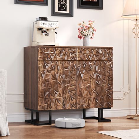 Cassettone 80 cm, finitura noce scuro, 2 cassetti e 2 ante, piedi in metallo, credenza senza maniglie per soggiorno e sala da pranzo, Nero (1/5)