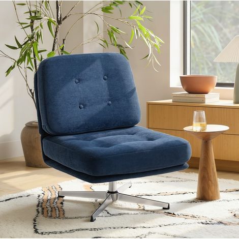 Sillon giratorio de chenilla azul con estructura de metal, asiento ancho de 70 cm (1/5)