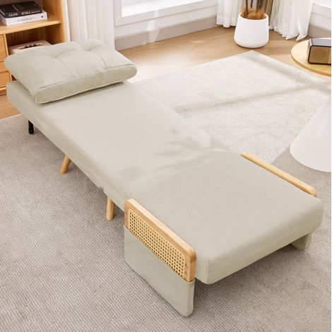 Fauteuil-lit 3 en 1 en lin beige avec dossier inclinable et accoudoirs en rotin OKWISH (1/5)