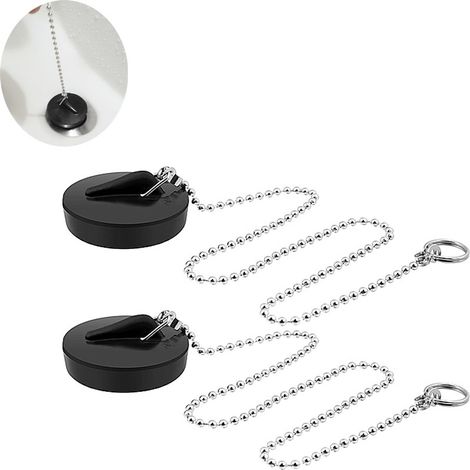 Bouchons de vidange lot de 2 avec chaînette de 40 cm en TPR noir universels pour évier lavabo baignoire douche et évier de cuisine (1/4)