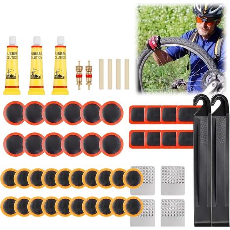 55Pièces Bicycle Tyre Repair Kit,Réparation Pneu Vélo Kit,Crevaison Vélo Portable Kit,Self Adhesive Puncture Repair Kit,Crevaison Auto-Adhésif Avec Rustine,Simple & Portable,Tire Puncture Repair Kit (1/5)