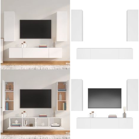 Ensemble de meubles TV 4 pcs Blanc Bois d'ingénierie - Meuble Tv - Meuble Téléviseur - Étagère Murale - Rangement Tv - Décoration Salon - Home & Living (1/5)