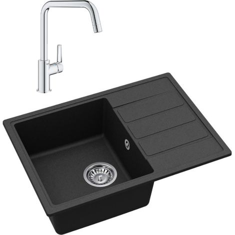 62x44 cm évier avec égouttoir réversible en Granite, à encastrer, noir + mitigeur lavabo/cuisine Grohe Start (SATSE2BG304)