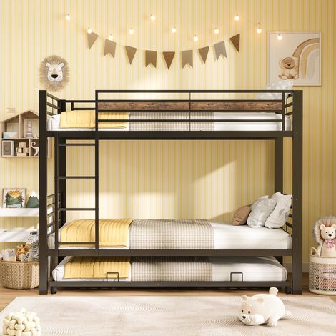 Lit superposé 90x200 cm avec lit gigogne 90x190 cm, 3 couchages en métal, lit enfant avec échelle et barrières de sécurité - Noir et bois vintage (1/5)