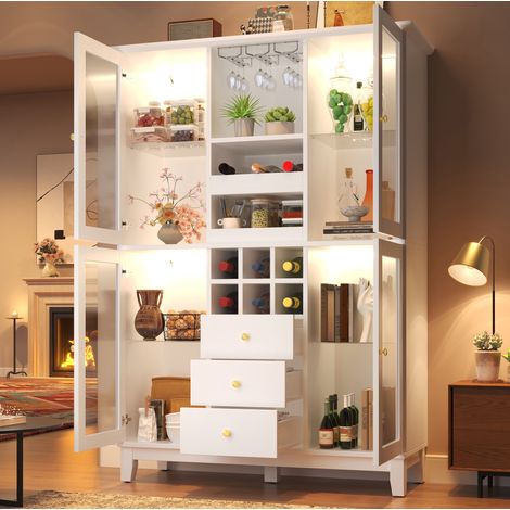 Armario para vino 120x40x180.5 cm blanco en MDF con LED RGB, 3 cajones y soporte para copas y botellas (1/5)