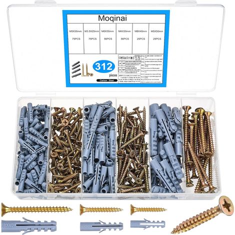 312 Pièces Kit de Chevilles et Vis, Fixations Murales pour Plaque de Plâtre et Béton, Vis Auto-perceuses pour Bois, Chevilles d’Expansion pour Brique et Cloisons Sèches (1/5)