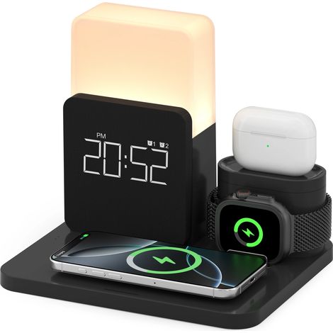 (Noir) Réveil sans fil 3 en 1 - Station de charge rapide et veilleuse avec écran LED (1/5)