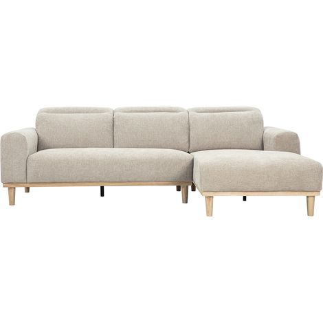 Ecksofa rechts 3-Sitzer mit verstellbaren Kopfstützen in beige samtartigem strukturiertem Stoff und hellem Holz HORACIO