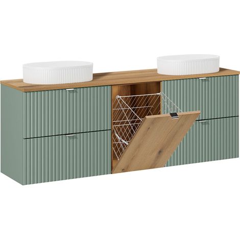 Meuble double vasque 160cm panier à linge Jade Vert et Bois - Vasques ovales (1/5)