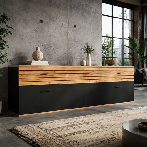 Mueble TV de 168 cm con 3 cajones y 2 puertas abatibles, efecto madera y negro, 65 pulgadas (1/5)