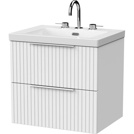 Callingwood Contemporary Wall Hung 2 Drawer Vanity Unit with 3 Tap Hole Fireclay Basin , 600mm, Matt White