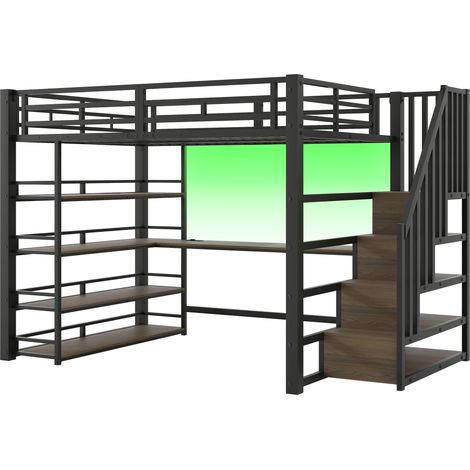Cama alta de metal 140x200 con escalera, escritorio integrado, almacenaje, negra (1/5)