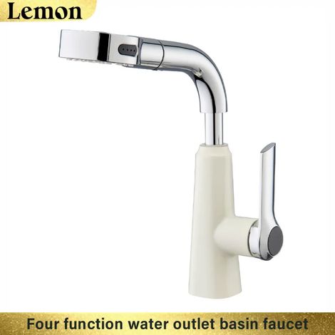 (Blanc cassé G1/2) Robinet de lavabo de salle de bain, pommeau de douche extractible, robinet mélangeur d'eau chaude et froide, rotation à 360°. (1/5)