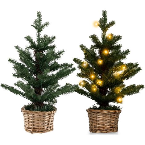 COSTWAY 53cm Kleiner Weihnachtsbaum, beleuchteter Mini Weihnachtsbaum, 20 LEDs in Warmweiß, künstlicher Tisch Weihnachtsbaum, Tannenbaum mit Weidenholztopf & Timer, Christbaum für Haus Büro(Dunkelgrün (1/5)