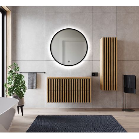 Badmöbel Set in Eiche Nb. mit Lamellenfronten LUCCA-107 LED-Spiegel, 100 cm Waschbeckenunterschrank, Hochschrank, B/H/T: ca. 155/200/45,5 cm (1/5)