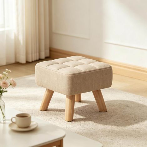 Taburete reposapiés cuadrado acolchado en tela marrón claro con patas de madera, asiento auxiliar para dormitorio o tocador – CHICFURN, estable y fácil de montar (1/5)