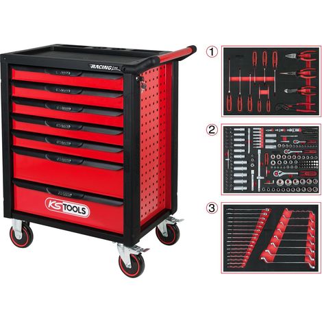 KS TOOLS Racingline noir/rouge Servante d'atelier avec 7 tiroirs et 215 outils Premium - 826.7215