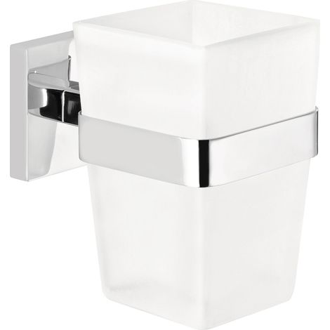 tesa DELUXXE Zahnputzbecher mit Halterung - Becher aus Milchglas, verchromte Wandhalterung - zur Wandbefestigung ohne Bohren - 112 mm x 70 mm x 100 mm (1/5)